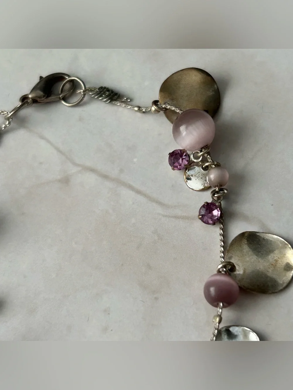 Vintage Silver-Tone Pink Bead & Disc Charm Bracelet